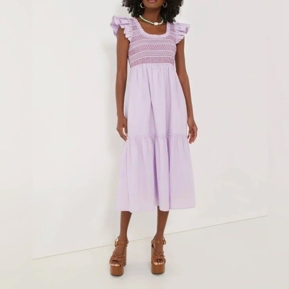 Tuckernuck Mallie Smocked Midi Dress XL Cottage Ruffle Cotton Tiered Purple NWT